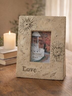 Rustic Stone Photo Frame Love Floral 3.5x5 Farmhouse Cottage Decor